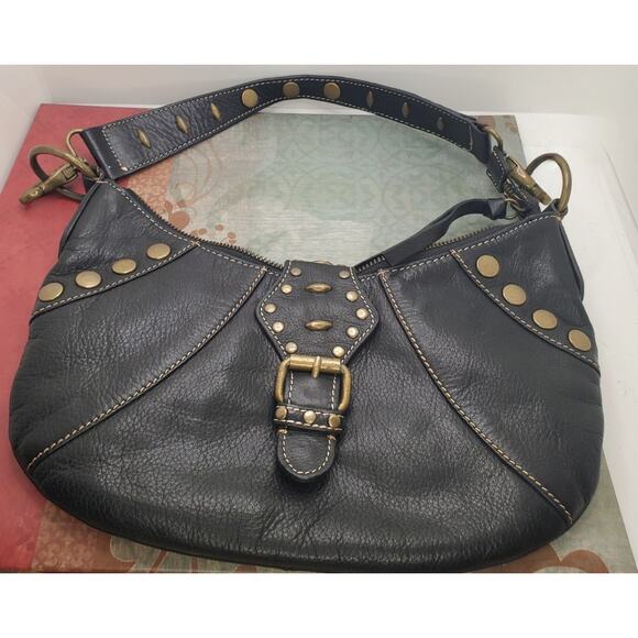 J.F. Fine Leather Shoulder Bag Brown Studded Y2K Flap Snap Outside Zip 6x11 inch - Picture 1 of 11